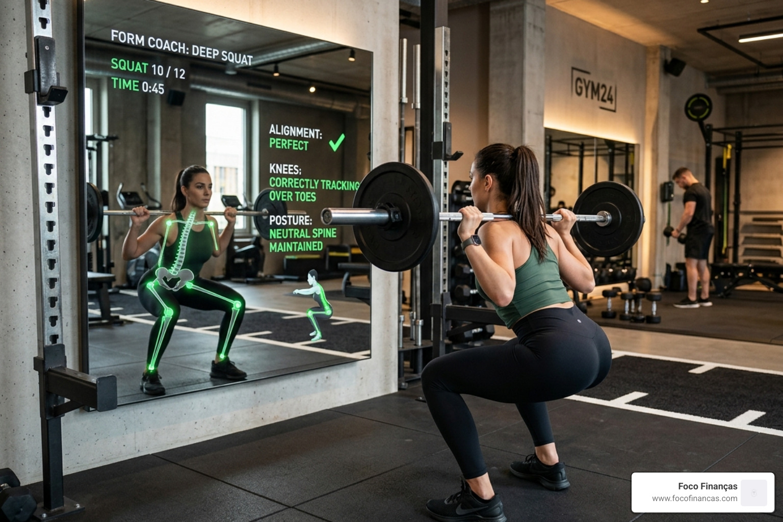 User performing a squat with the smart mirror highlighting skeletal alignment and providing form feedback - Smart mirror for