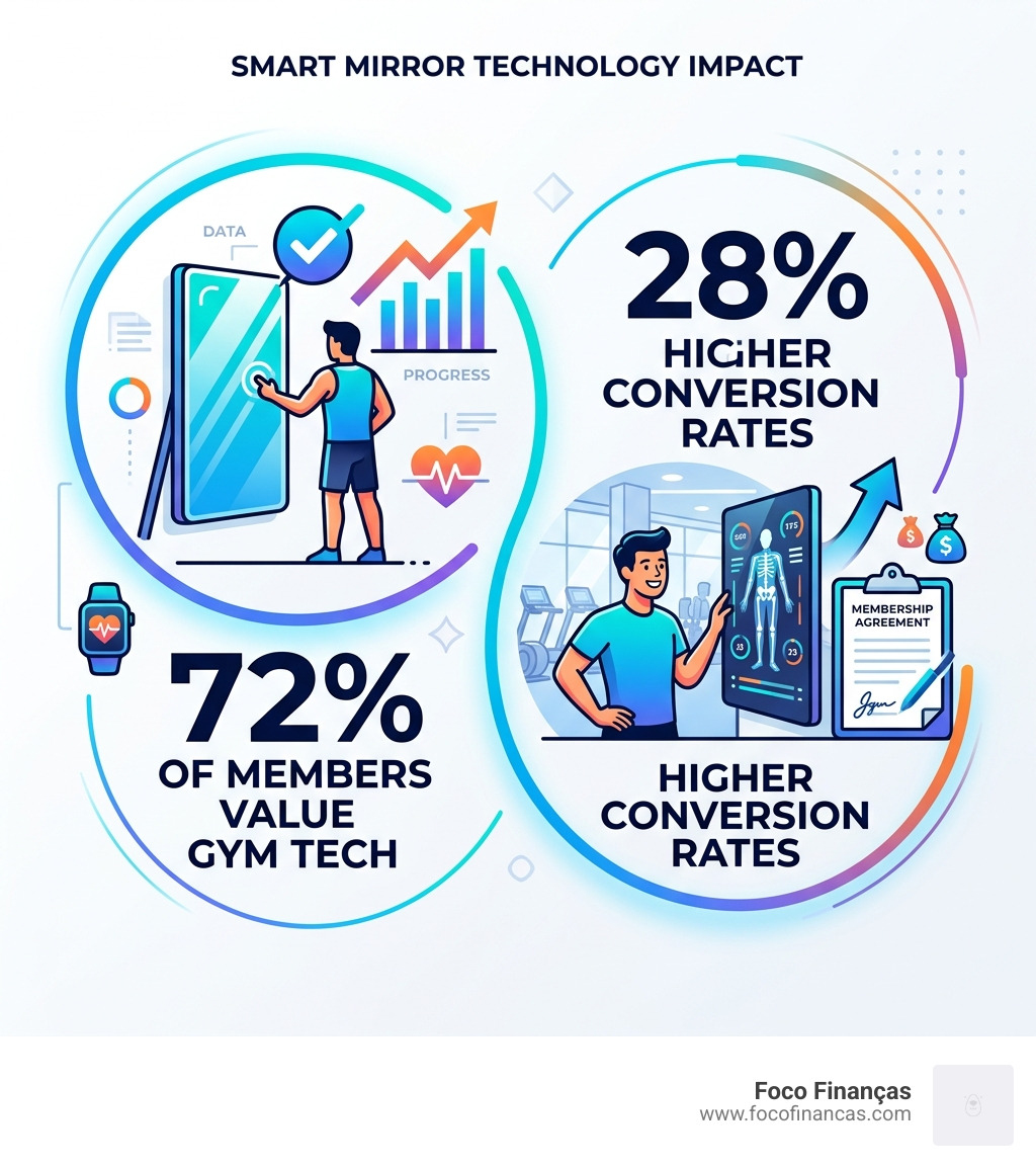 Infographic showing 72 percent of members value gym tech and 28 percent higher conversion rates - Smart mirror for gym