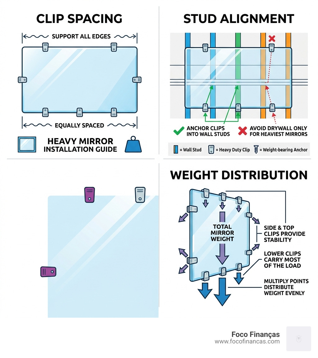 Infographic showing mirror clip weight distribution, stud alignment, and clip spacing for heavy mirrors - heavy duty mirror