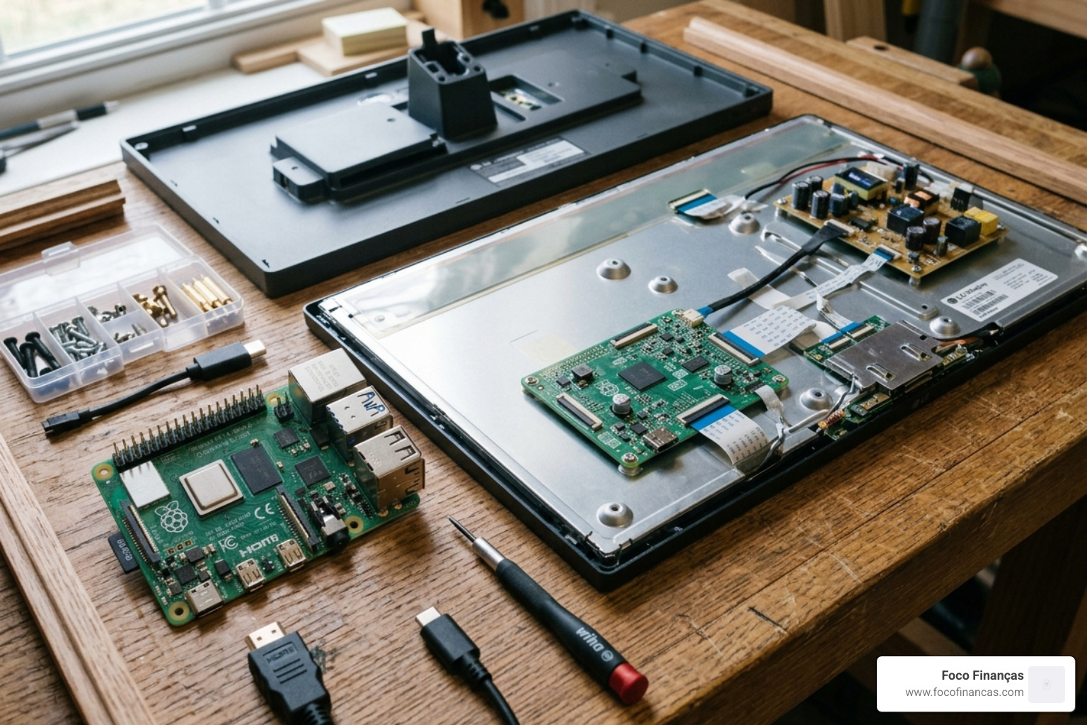 Raspberry Pi 4 and a disassembled monitor ready for mirror mounting - home assistant magic mirror