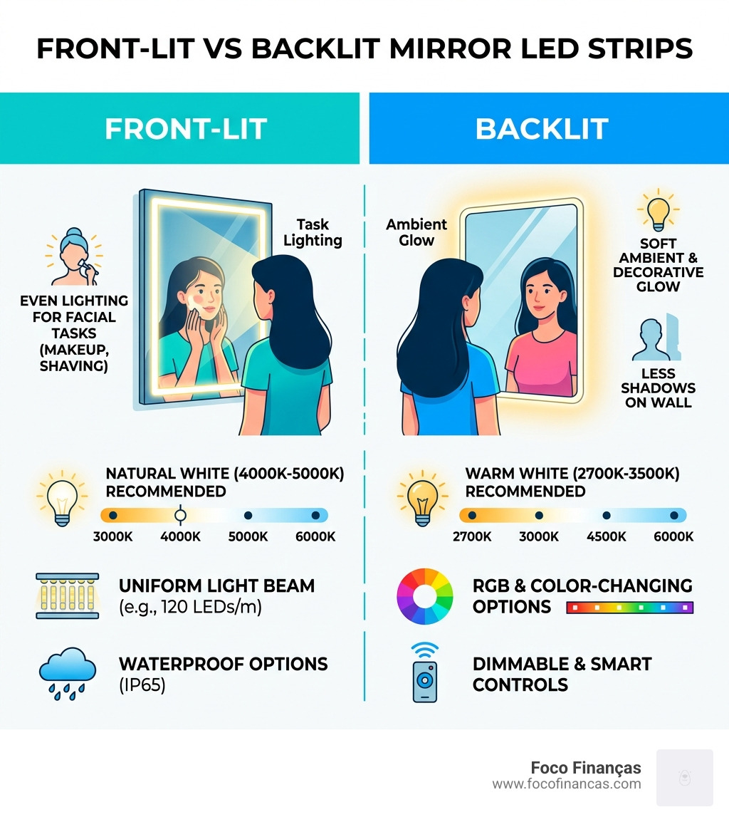 Infographic comparing front-lit vs backlit mirror LED strip types, color temperatures, and key features - led strip mirror