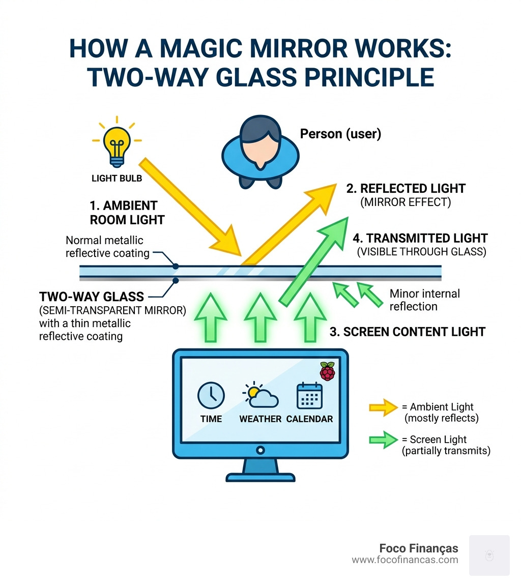 Infographic showing how a two-way mirror reflects light while letting screen content show through - magic mirror raspberry