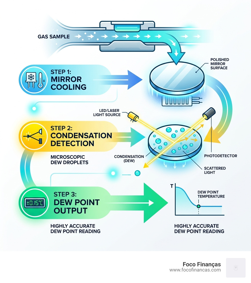 Chilled mirror condensation cycle infographic showing cooling, condensation detection, and dew point output - precision