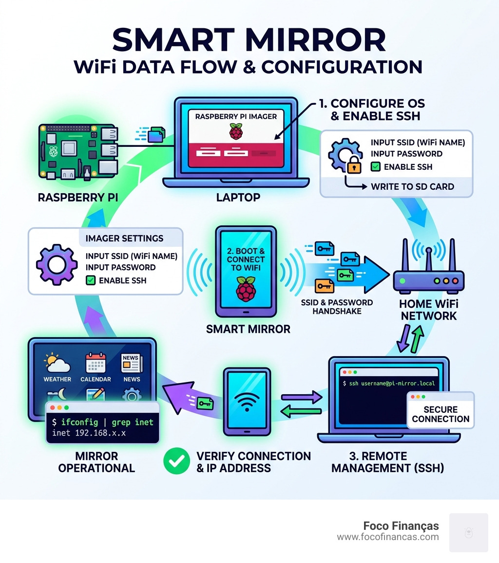 Infographic showing data flow between smart mirror and home WiFi network including Raspberry Pi, SSID, SSH, and IP address Infographic showing data flow between smart mirror and home WiFi network including Raspberry Pi, SSID, SSH, and IP address