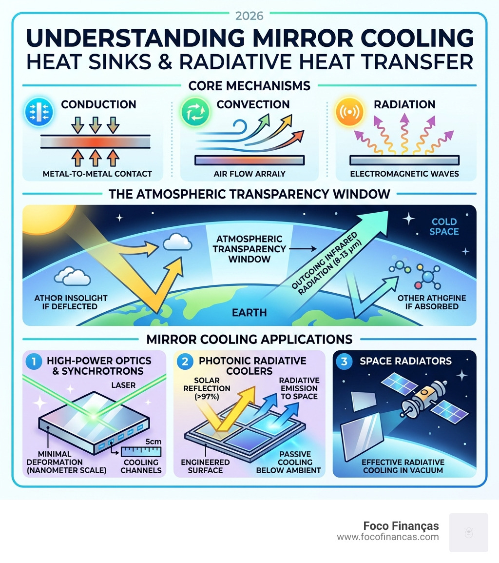 Infographic: mirror cooling heat sink mechanisms, atmospheric transparency window, and radiative heat transfer overview