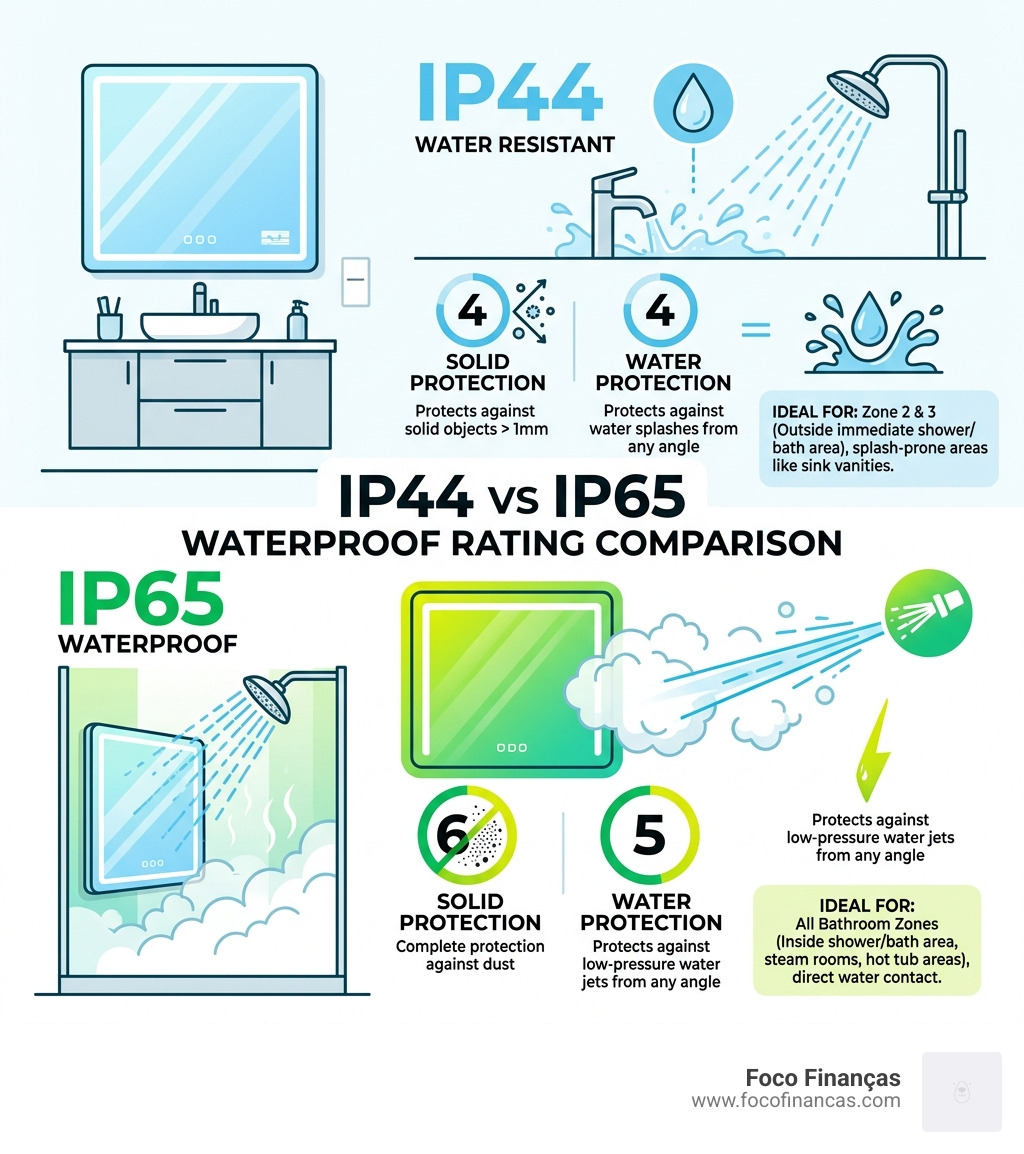 IP44 vs IP65 waterproof rating comparison infographic for bathroom smart mirrors - waterproof smart mirror ip65 infographic 
