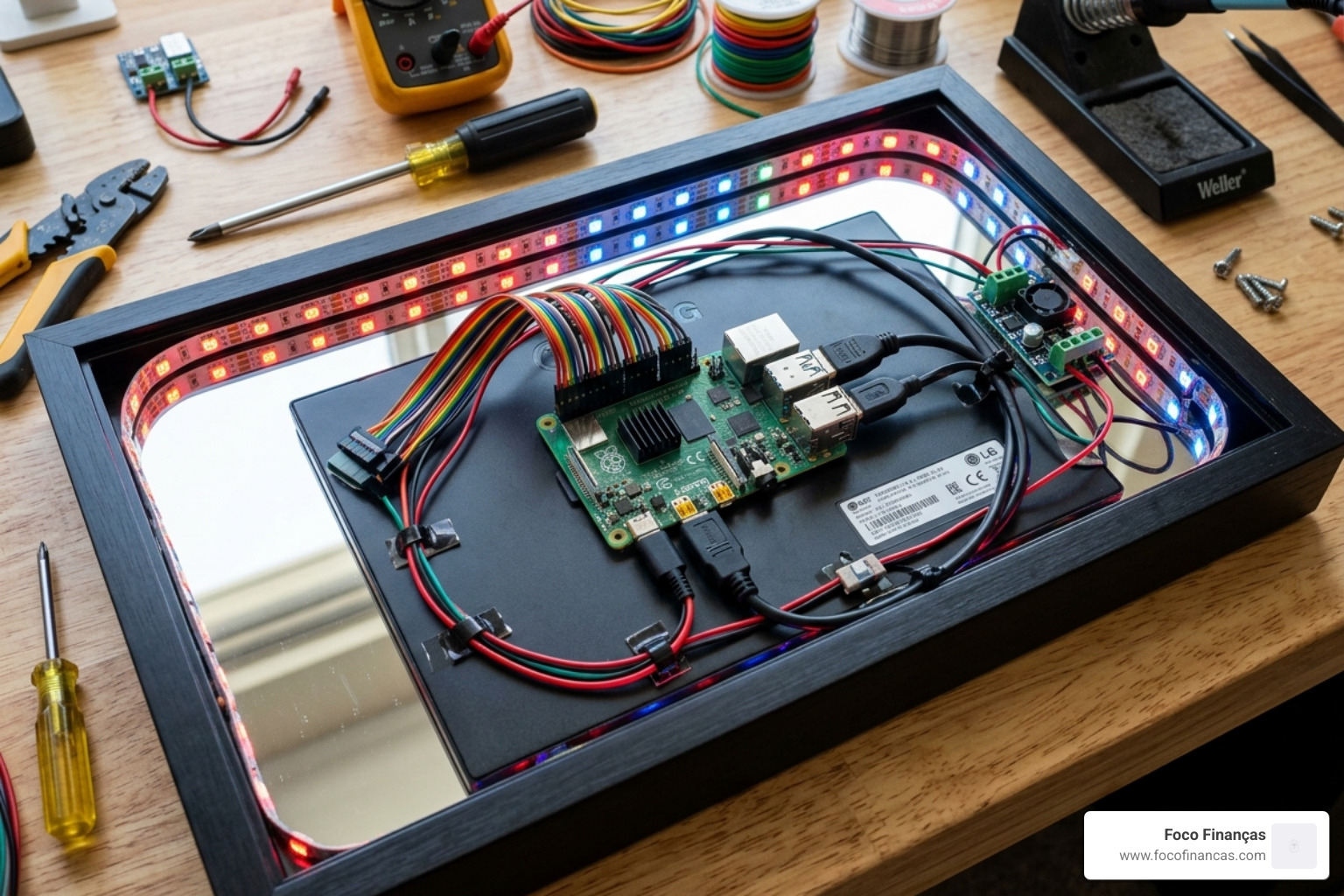 Internal hardware components showing Raspberry Pi, wiring, and LED strip placement - smart lighting magic mirror