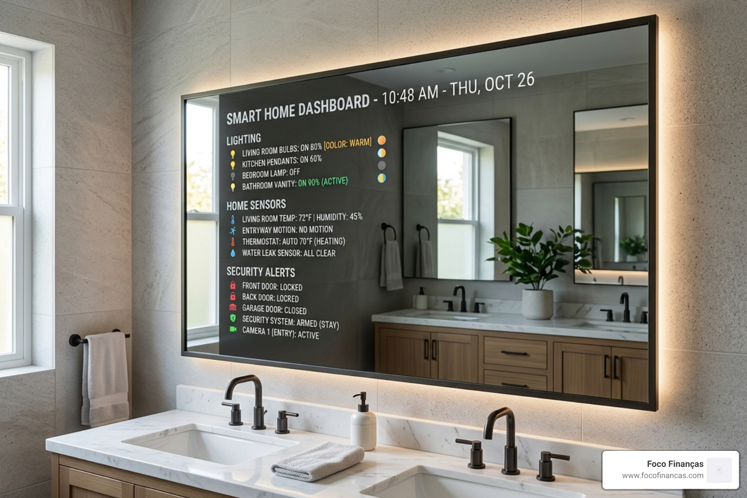 A mirror displaying the real-time status of smart bulbs and home sensors - smart lighting magic mirror