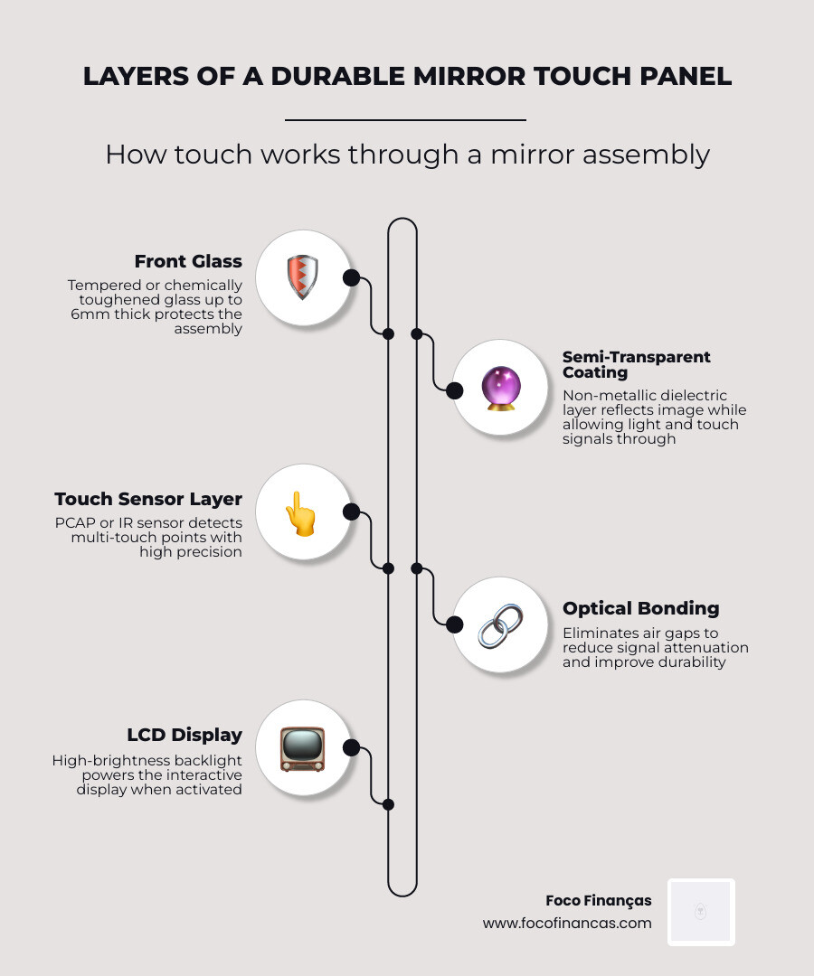 Layers of a durable mirror touch panel assembly showing glass, coating, touch sensor, and LCD - durable mirror touch panel