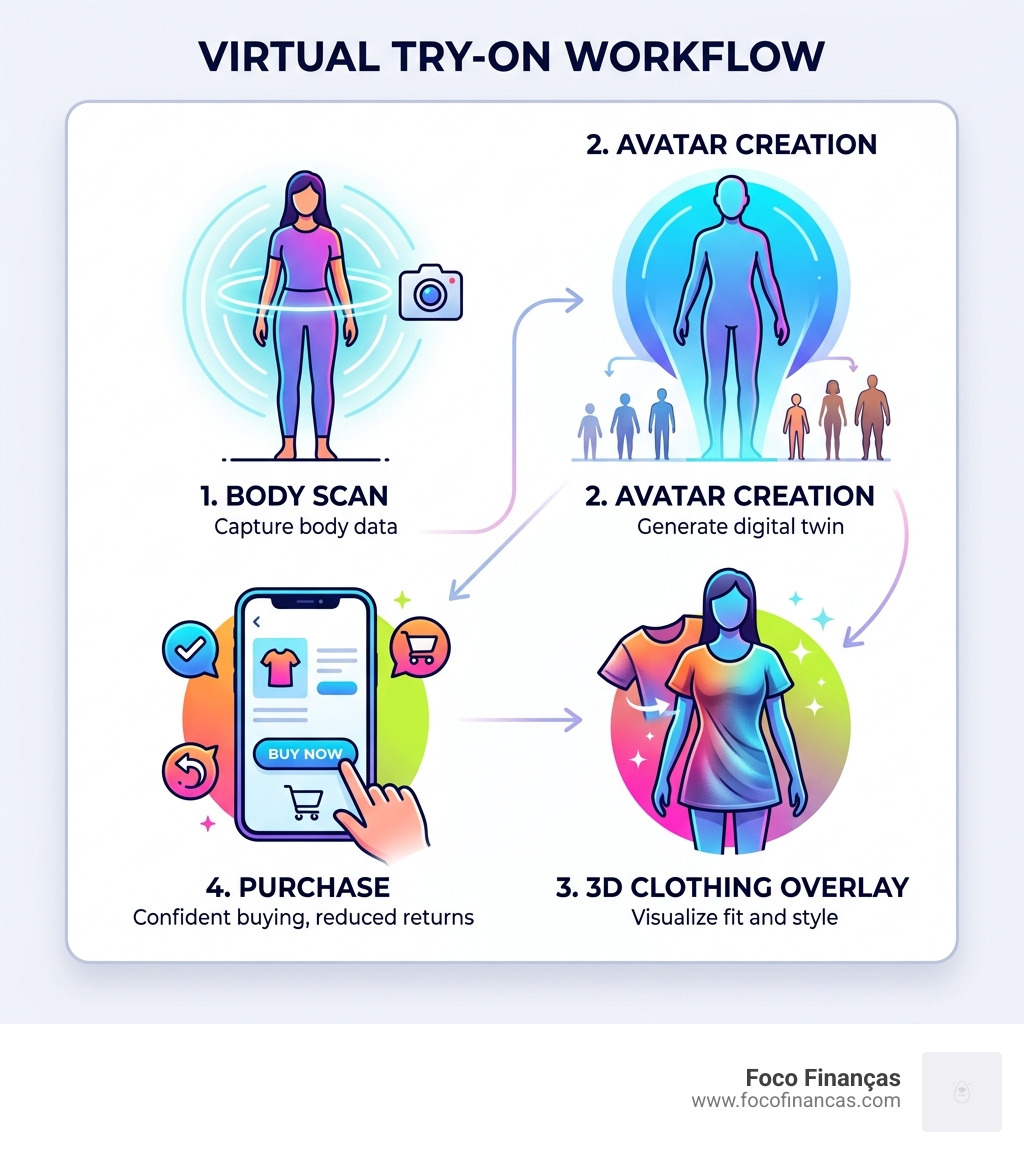 Virtual try-on workflow: body scan, avatar creation, 3D clothing overlay, purchase - Augmented reality fitting room