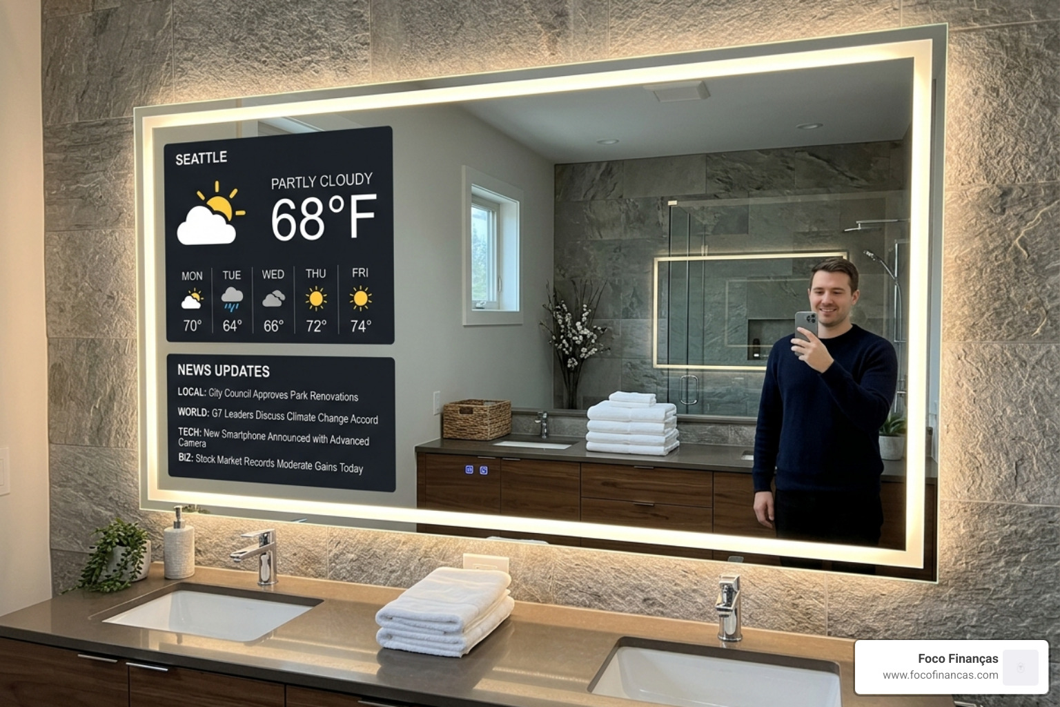 smart mirror displaying weather and news updates - waterproof smart mirror ip65