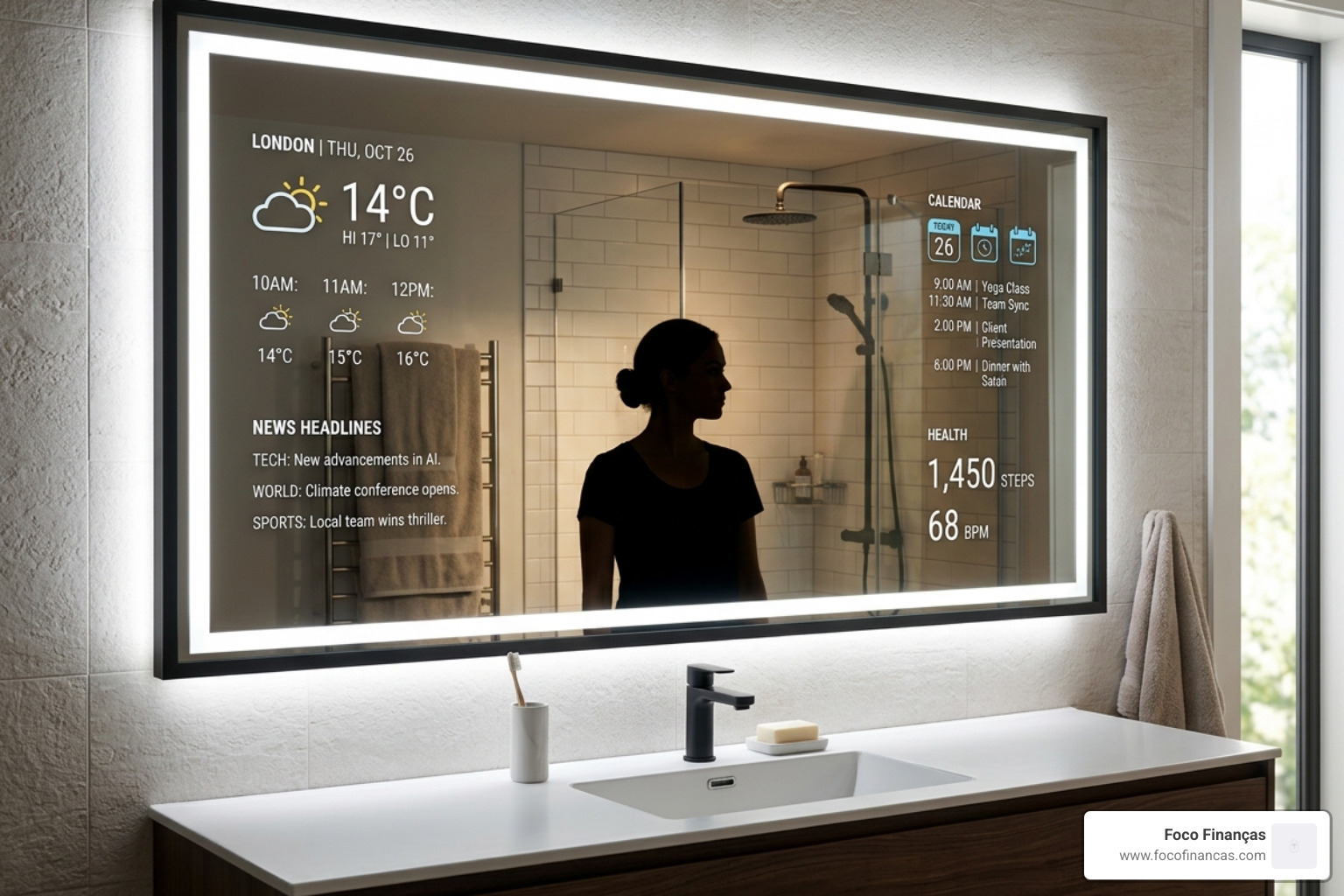 A high-tech smart mirror display showing weather, news, and calendar icons - touch screen mirror