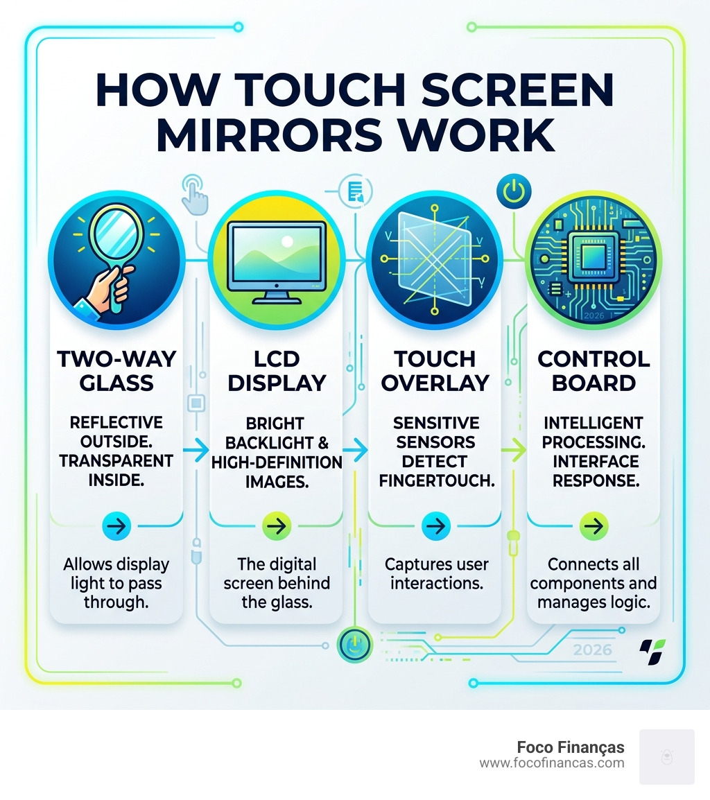 How touch screen mirrors work - from two-way glass to LCD display and touch overlay - touch screen mirror infographic 