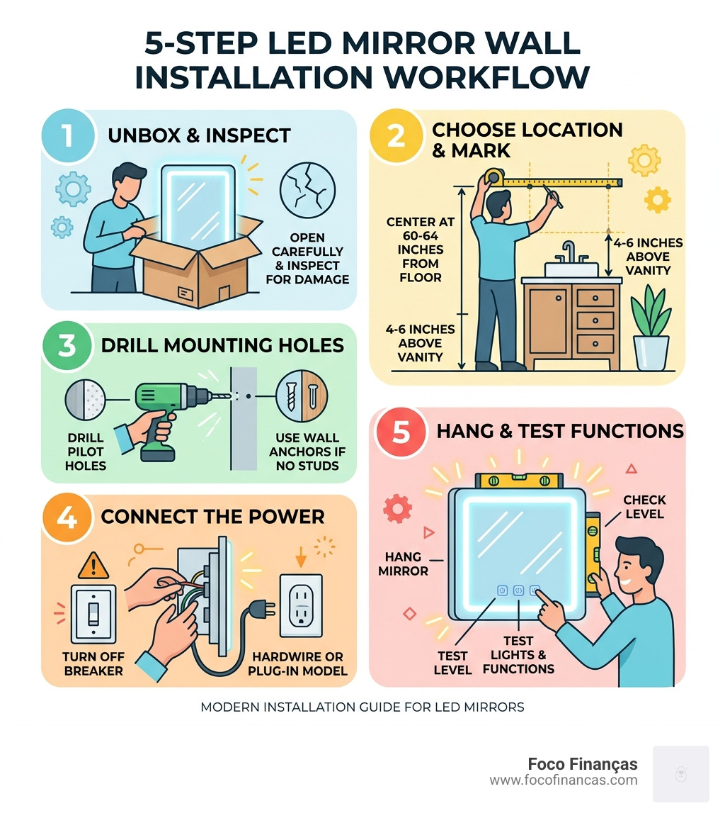 5-step LED mirror wall installation workflow infographic - how to install led mirror on wall infographic 