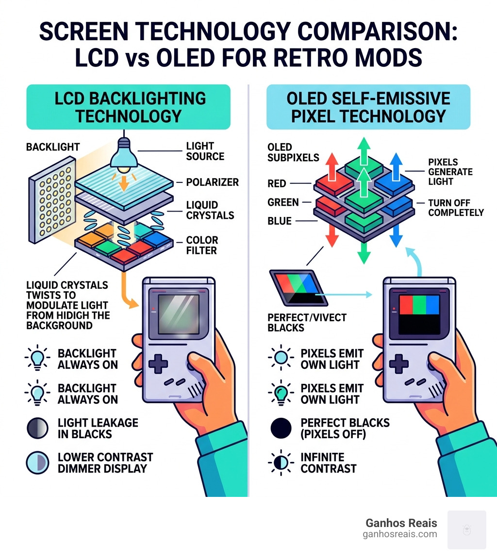 Comparison of LCD backlighting vs OLED self-emissive pixel technology for retro handheld mods - beginner OLED retro mod
