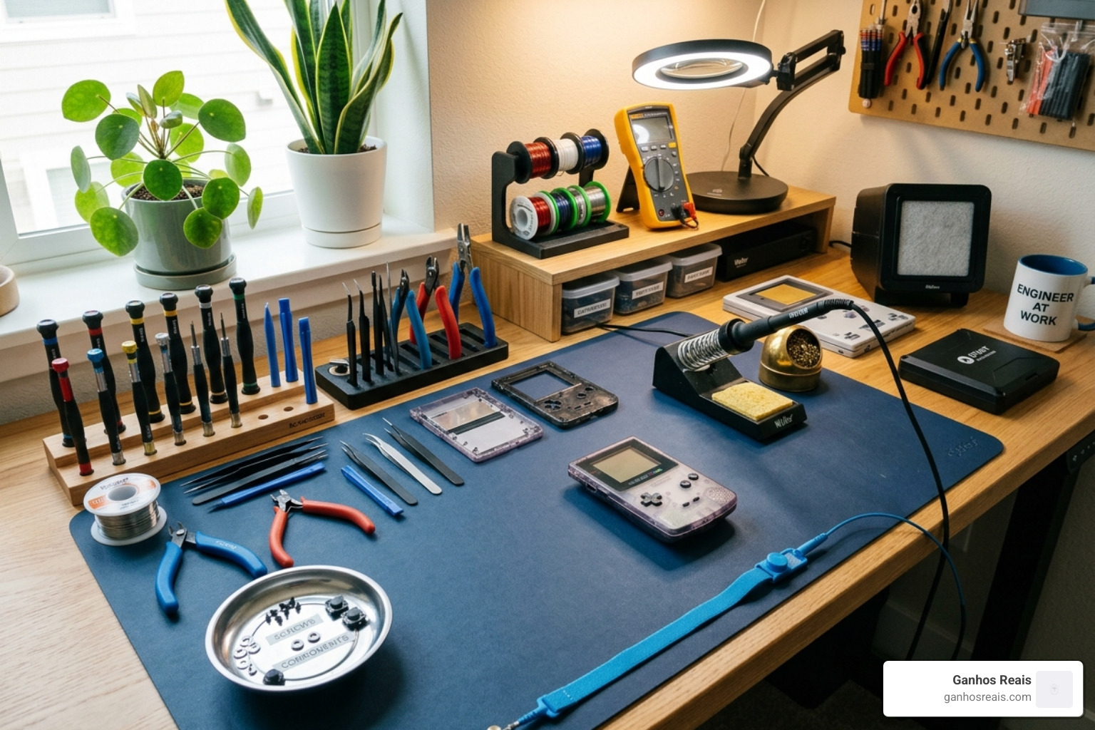A clean modding workspace featuring a soldering iron, ESD mat, and organized tools - beginner OLED retro mod