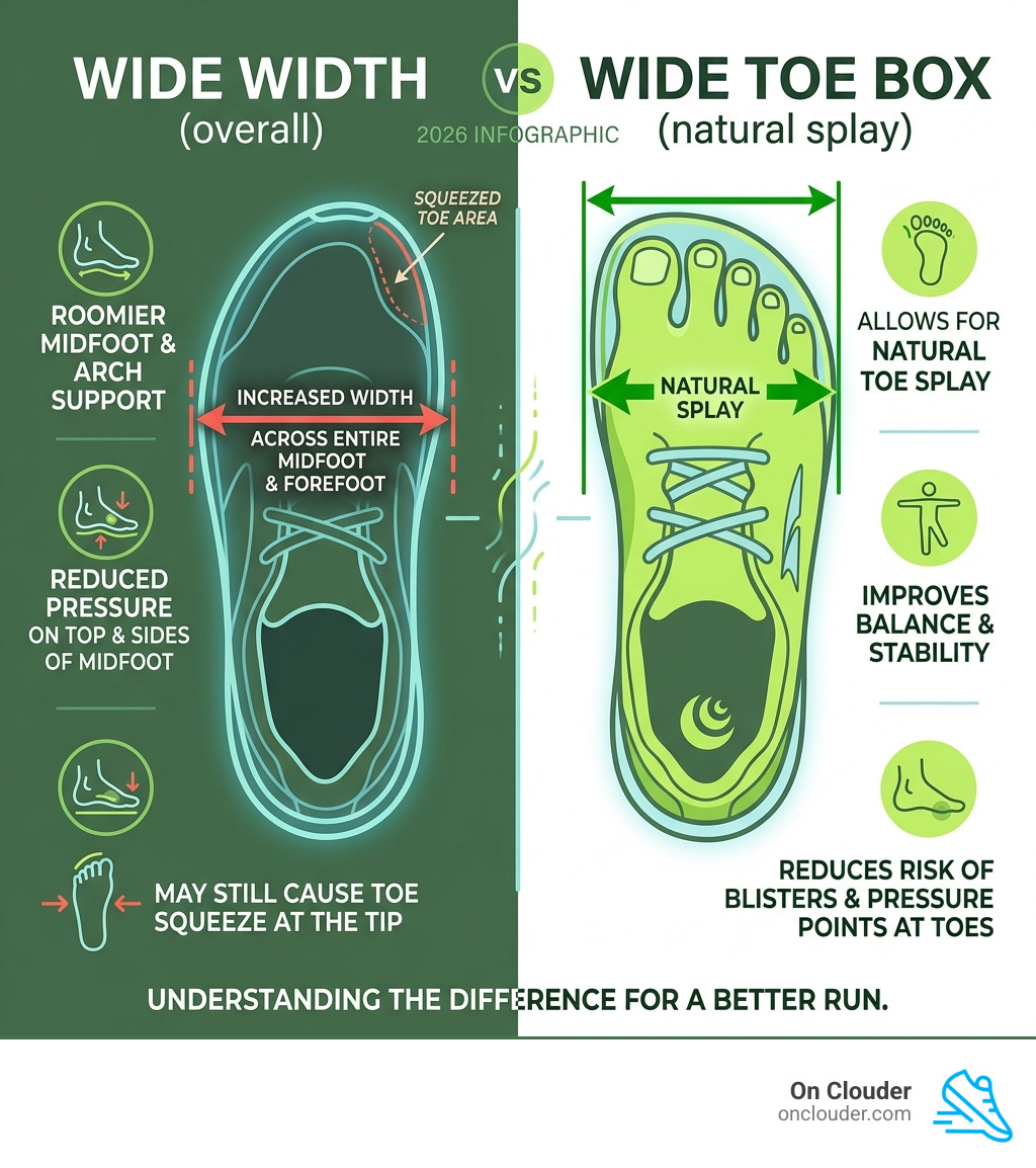 Infographic comparing wide width vs wide toe box shoes with key measurements and benefits - best running shoe with a wide Infographic comparing wide width vs wide toe box shoes with key measurements and benefits - best running shoe with a wide