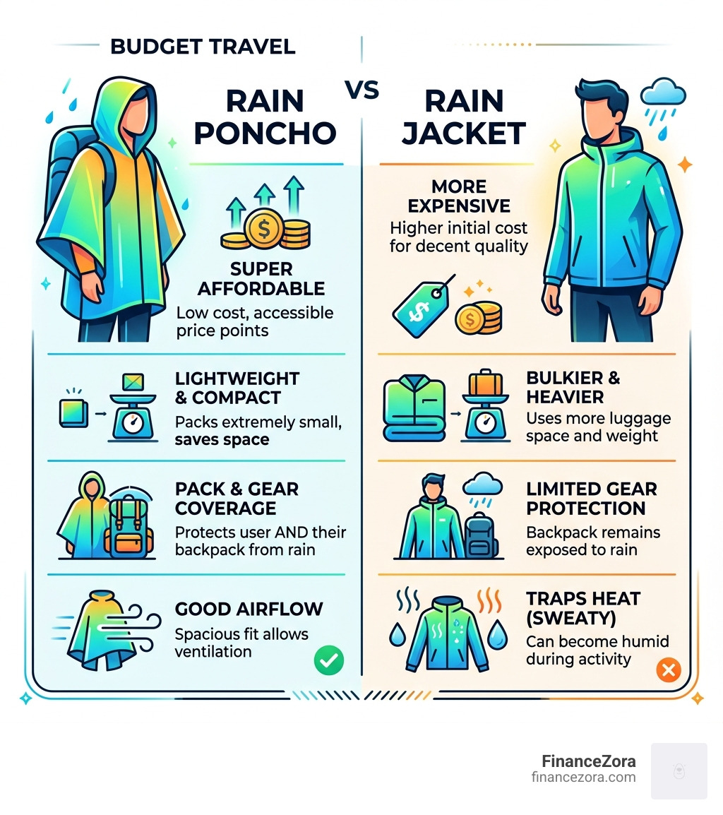 Pros and cons of budget travel rain ponchos vs rain jackets comparison infographic - budget travel rain poncho infographic Pros and cons of budget travel rain ponchos vs rain jackets comparison infographic - budget travel rain poncho infographic