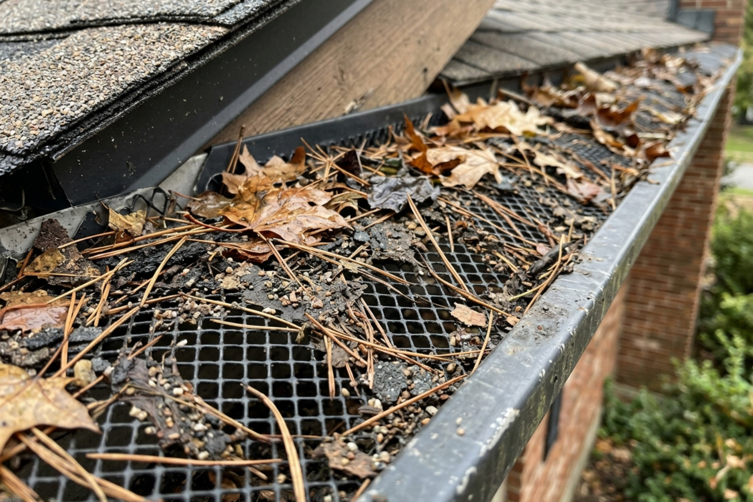 debris accumulated on top of a mesh gutter guard screen - cleaning gutters with guards debris accumulated on top of a mesh gutter guard screen - cleaning gutters with guards