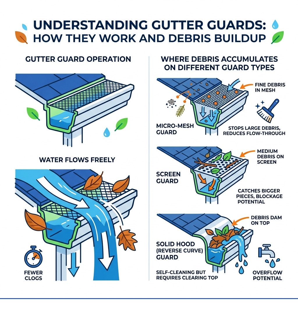 infographic showing how gutter guards work and where debris accumulates on different guard types - cleaning gutters with infographic showing how gutter guards work and where debris accumulates on different guard types - cleaning gutters with