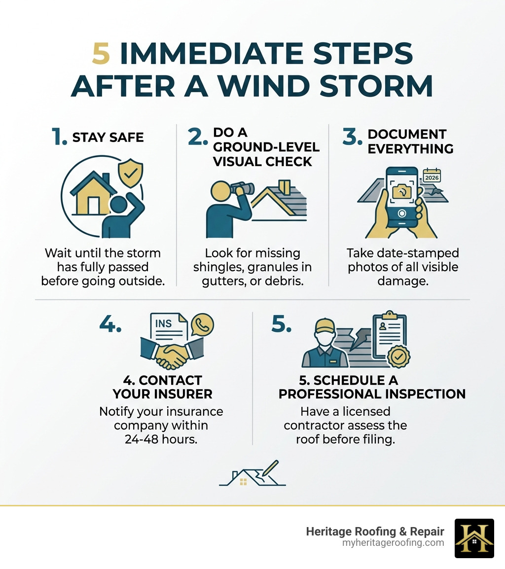 5 immediate steps after a wind storm infographic: stay safe, ground inspection, document damage, contact insurer, schedule