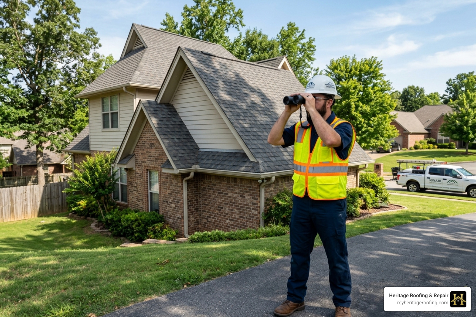 professional inspector using binoculars to view roof edges from the ground - Wind damage inspection