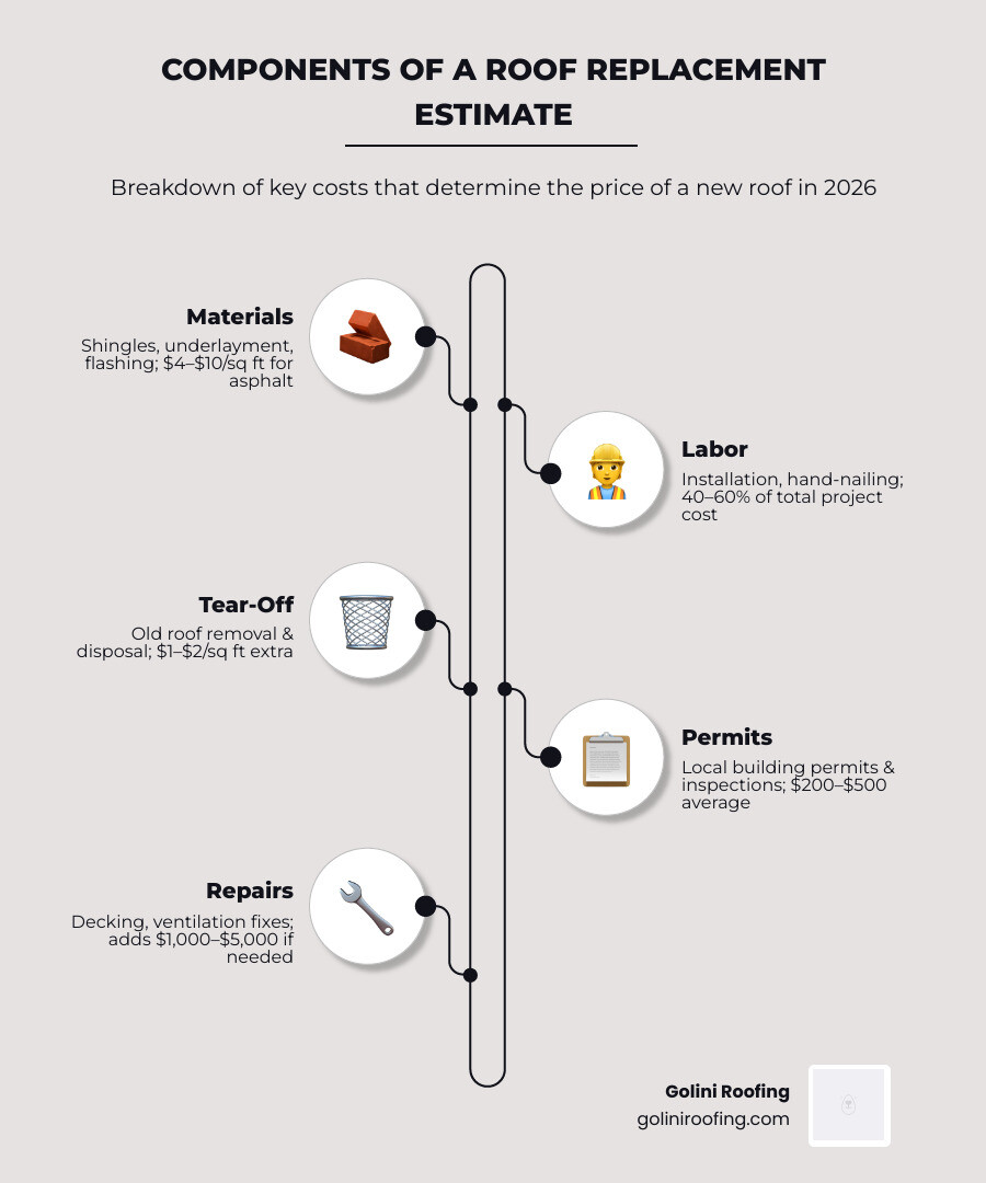 Infographic showing components of a roof replacement estimate including materials, labor, tear-off, and permits - price of a Infographic showing components of a roof replacement estimate including materials, labor, tear-off, and permits - price of a
