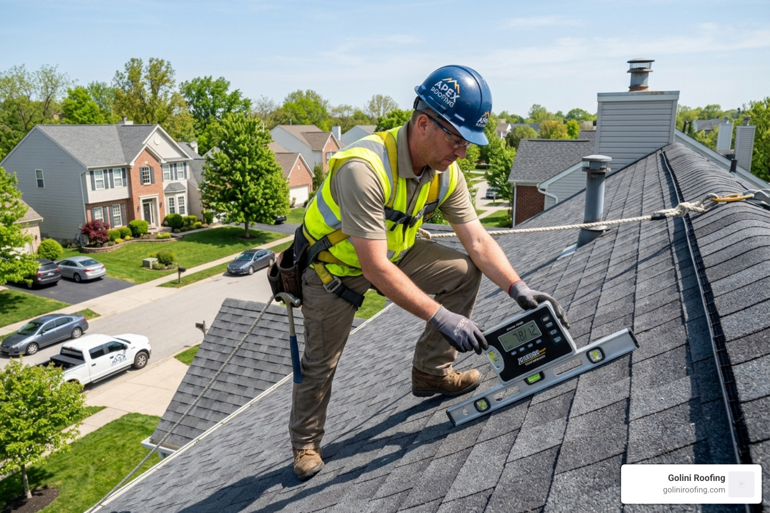 Roofing contractor using a pitch gauge to measure the steepness of a residential roof - price of a new roof Roofing contractor using a pitch gauge to measure the steepness of a residential roof - price of a new roof