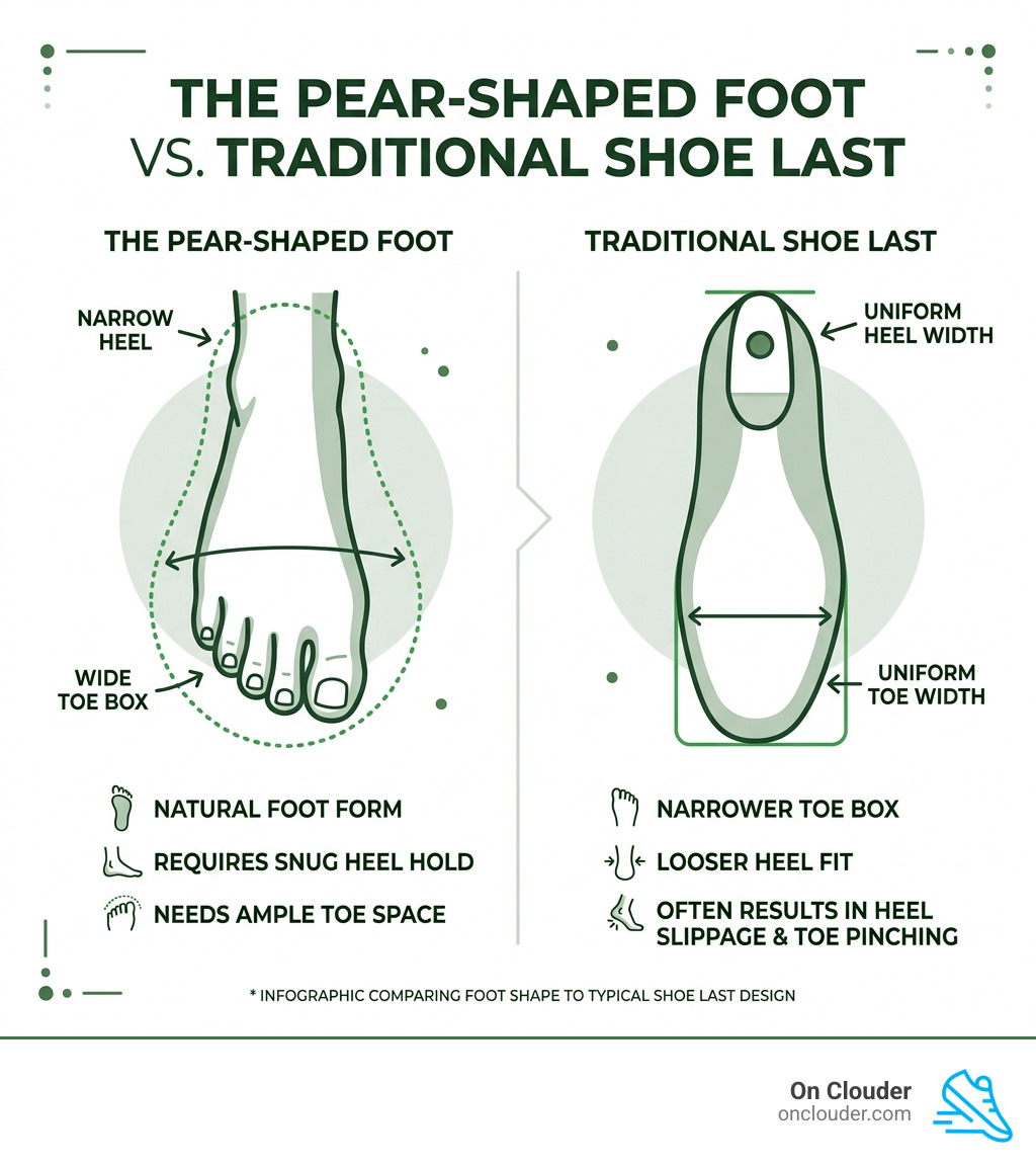Infographic comparing pear-shaped foot vs traditional shoe last with narrow heel and wide toe box labels - best shoes narrow
