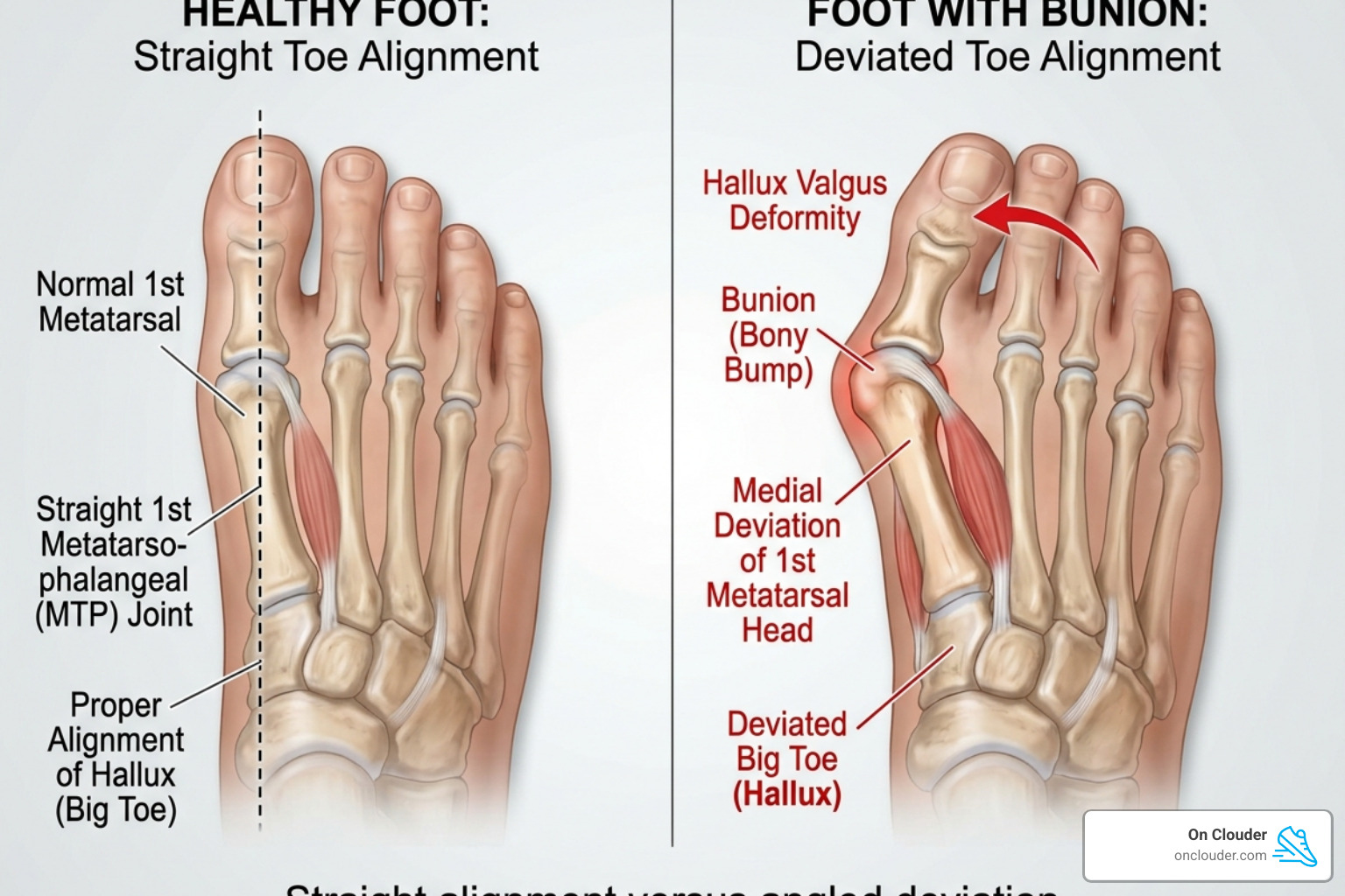 Comparison of a foot with a bunion vs a healthy foot showing toe alignment - best shoes narrow heel wide toe box