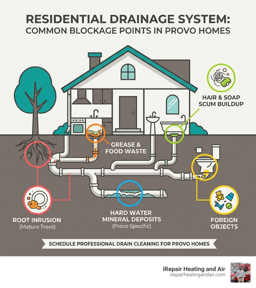 Residential drainage system showing common blockage points in Provo homes - drain cleaning provo infographic 
