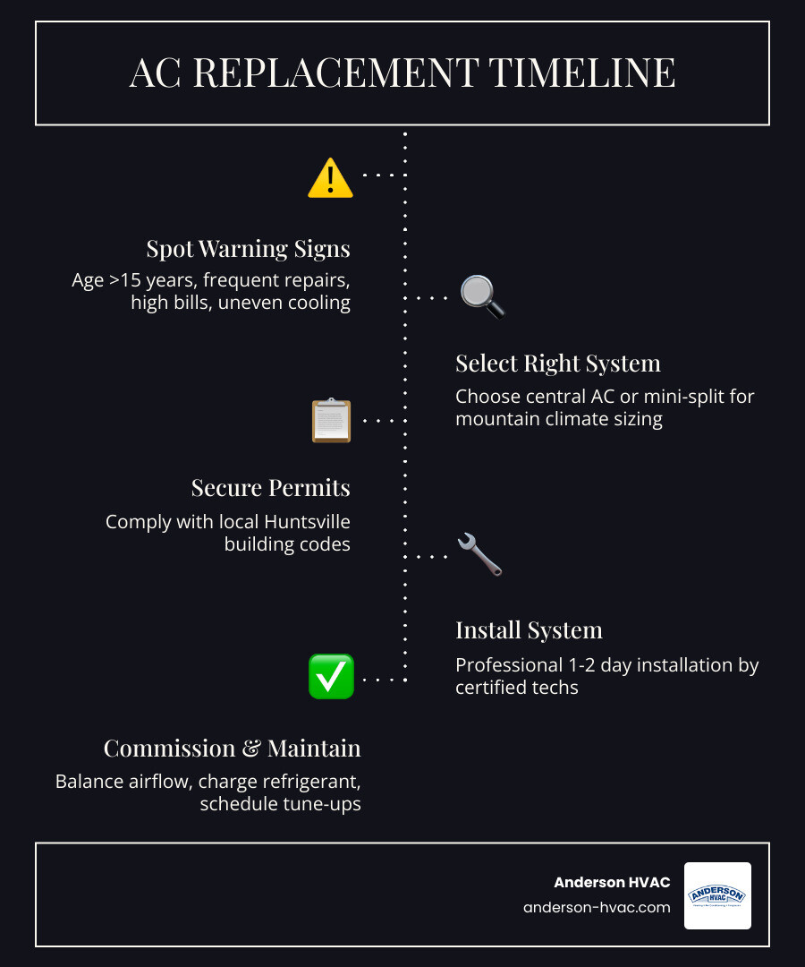 Step-by-step AC replacement timeline infographic for Huntsville UT homeowners - ac replacement in huntsville ut infographic