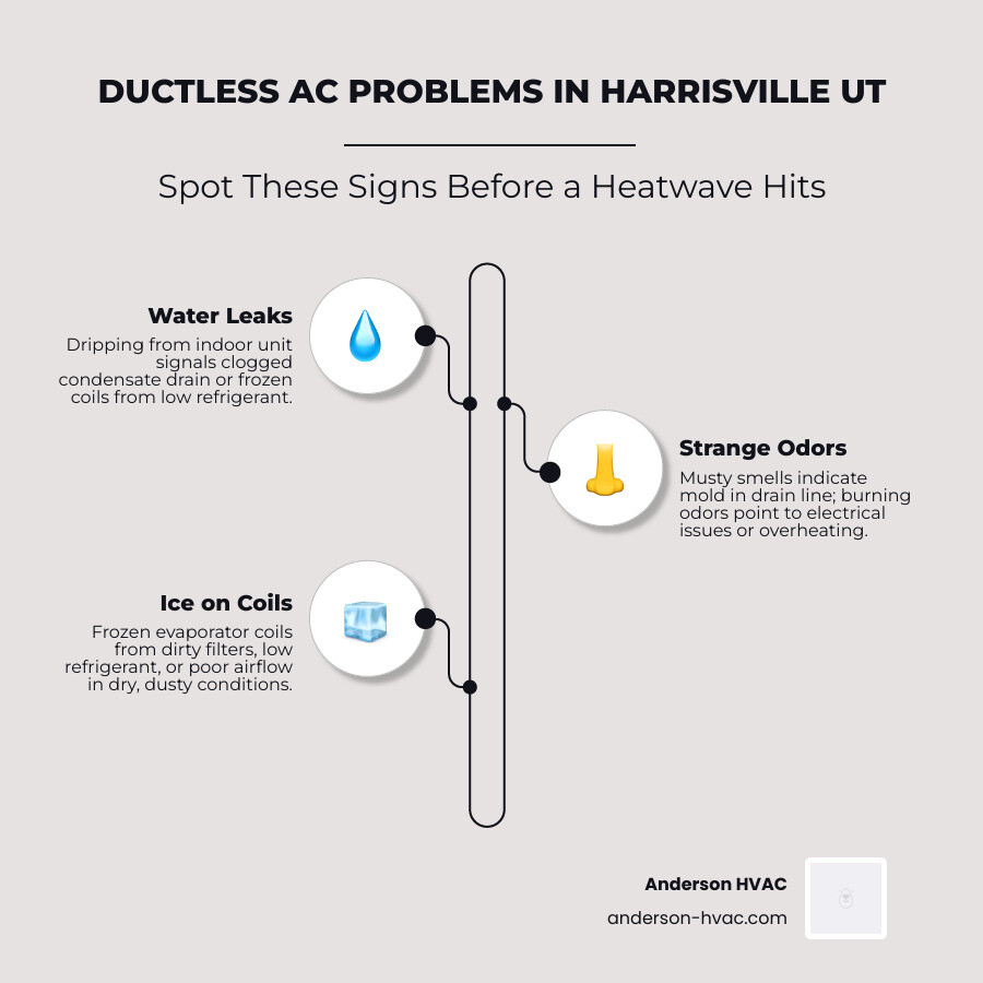 Infographic showing common ductless AC problems in Harrisville UT and when to call a local repair expert - ductless ac