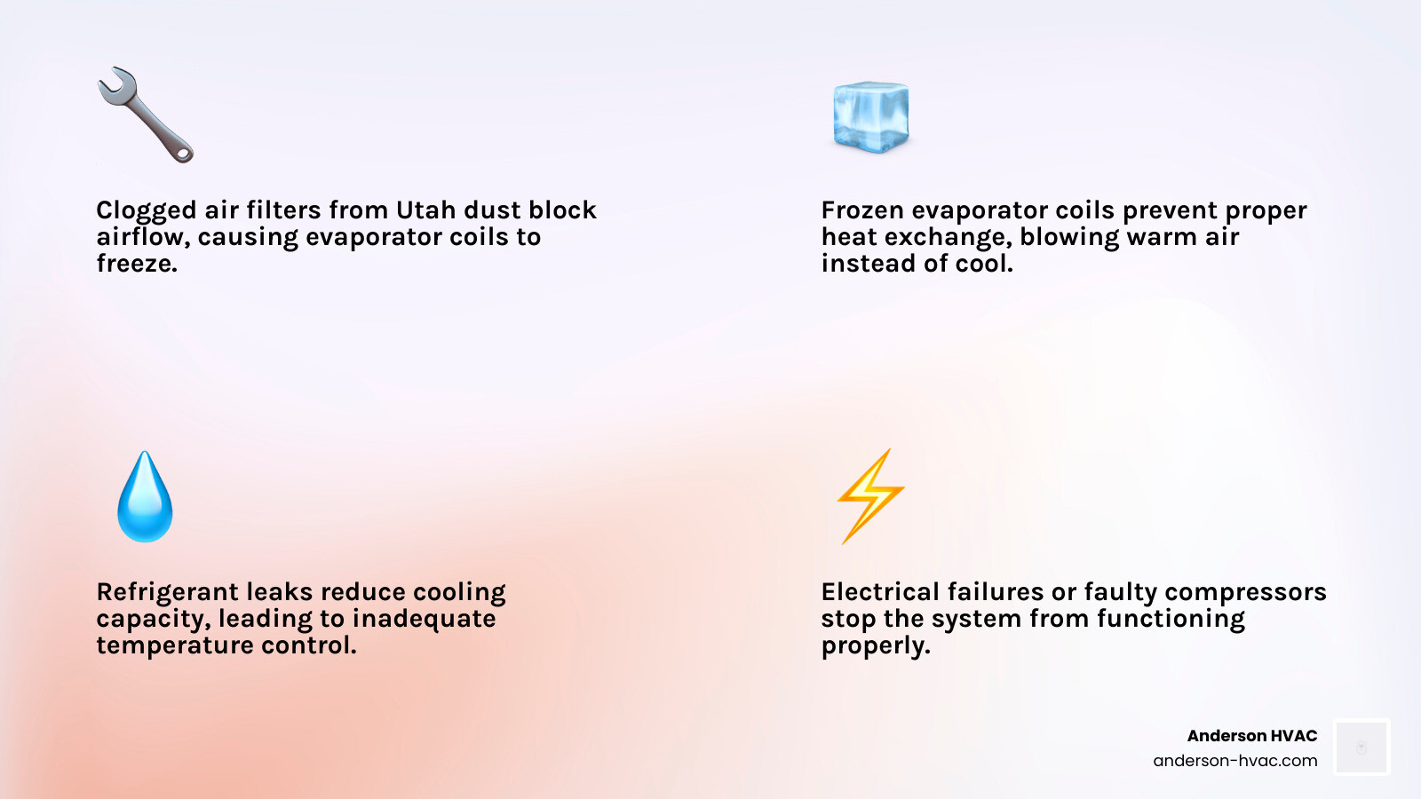 Infographic showing top AC problems in Brigham City UT dry climate and warning signs to watch for - ac repair in brigham
