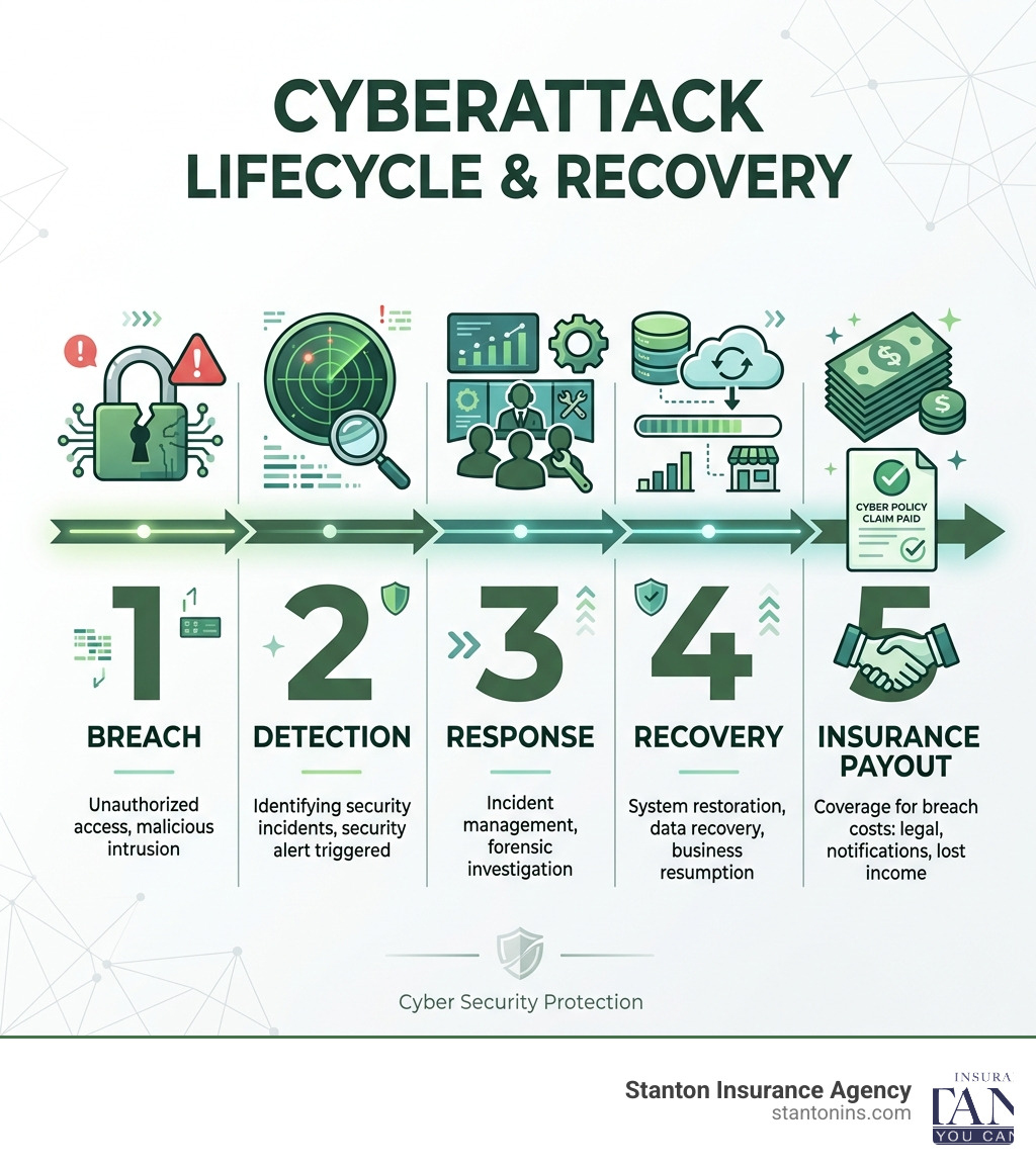 Infographic showing cyberattack lifecycle: breach, detection, response, recovery, and insurance payout steps - cyber risk