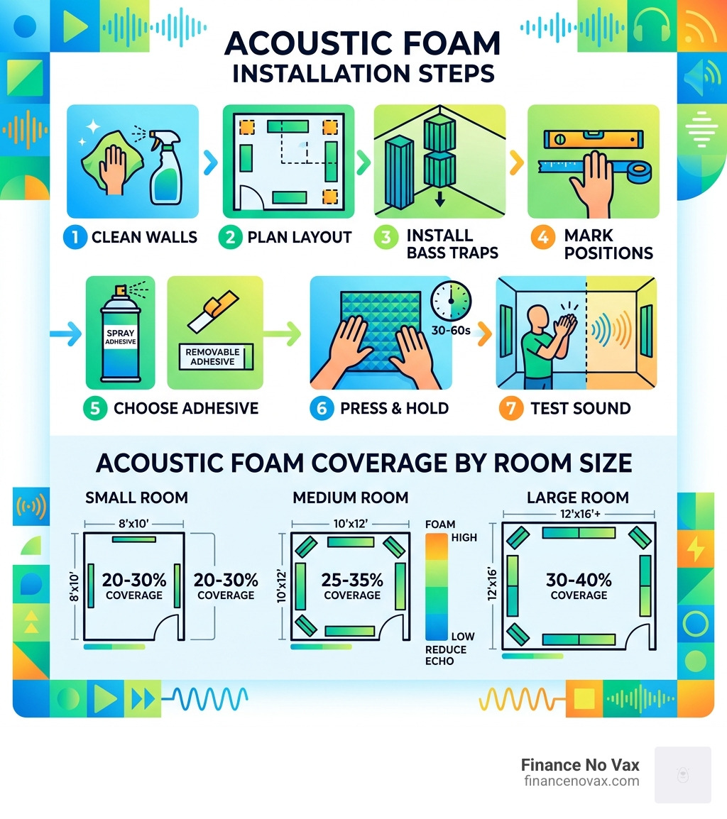 infographic showing acoustic foam installation steps and coverage percentages by room size - acoustic foam installation
