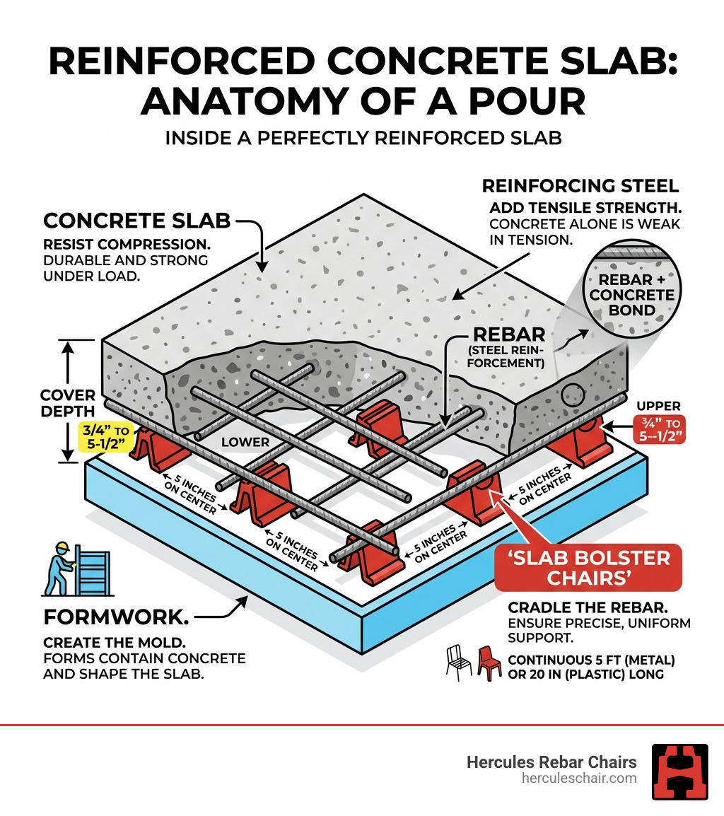 infographic showing layers of a reinforced concrete slab with rebar, bolster chairs, cover depth, and formwork labeled