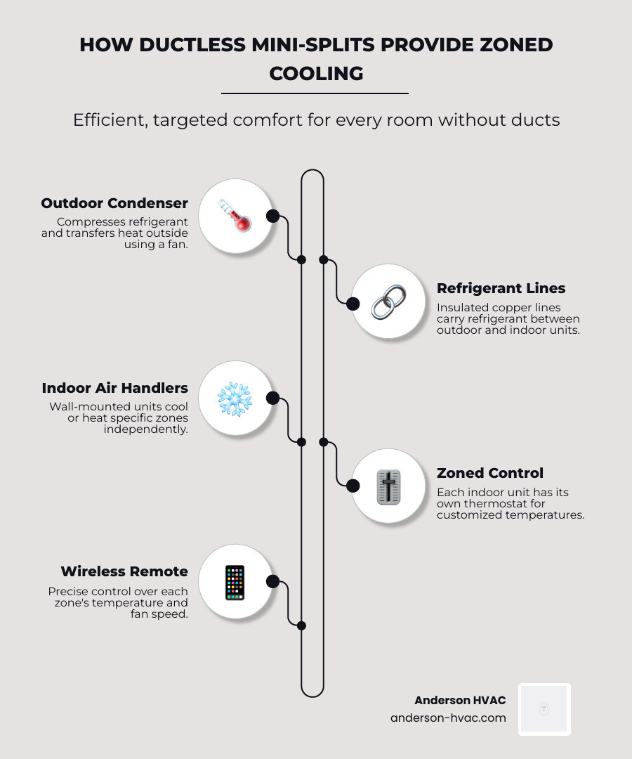 Infographic showing how ductless mini-splits provide zoned cooling with labeled indoor and outdoor unit components