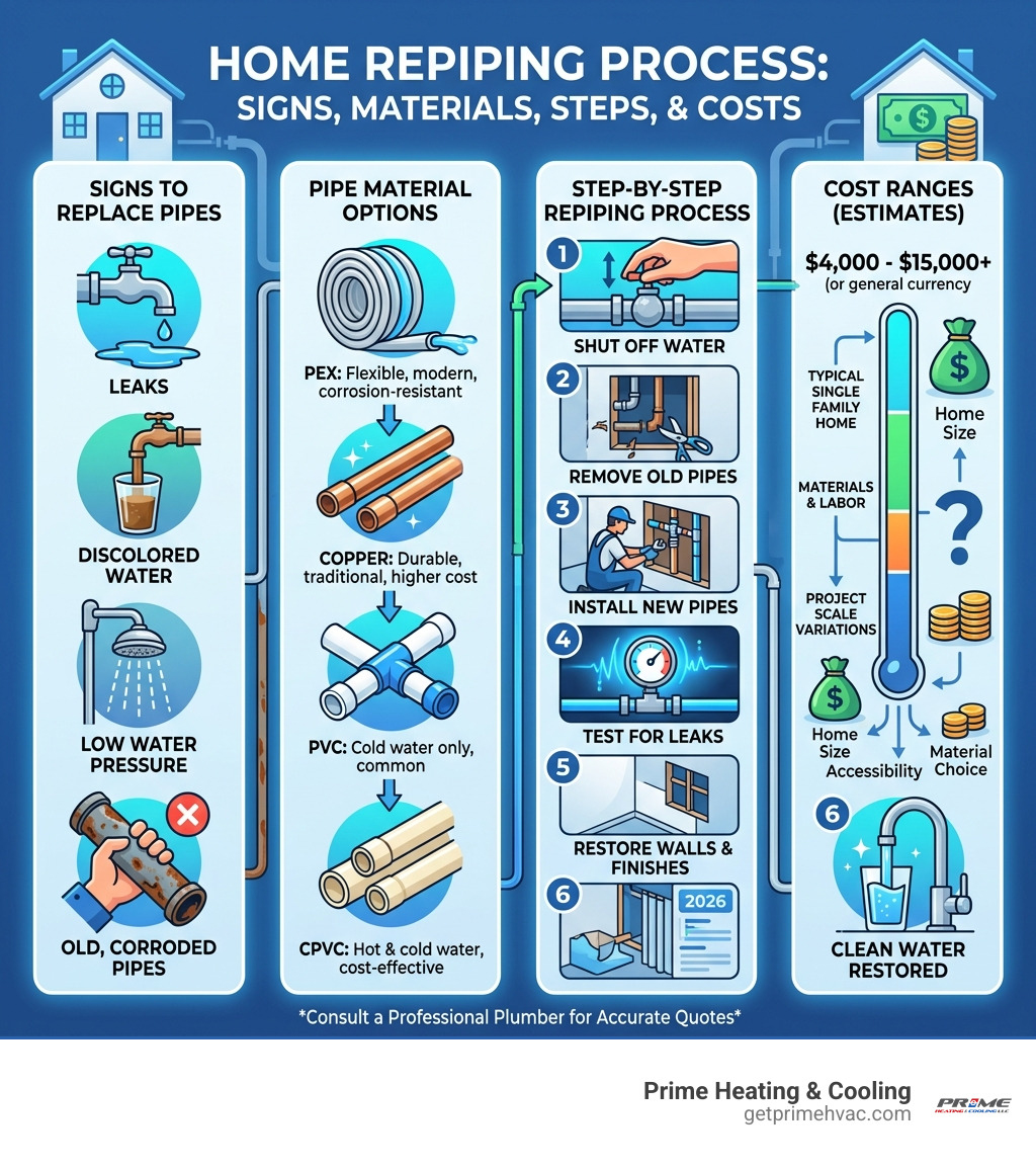 Infographic showing the home repiping process: signs to replace, pipe material options, step-by-step repiping, and cost