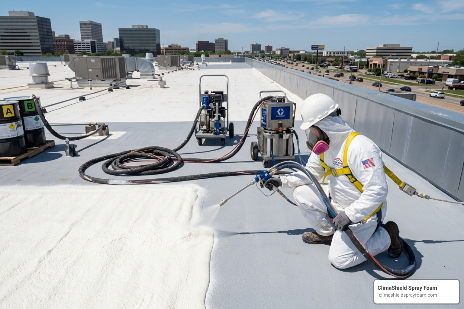 Contractor applying spray foam roofing insulation to a clean commercial roof surface - spray foam roofing insulation