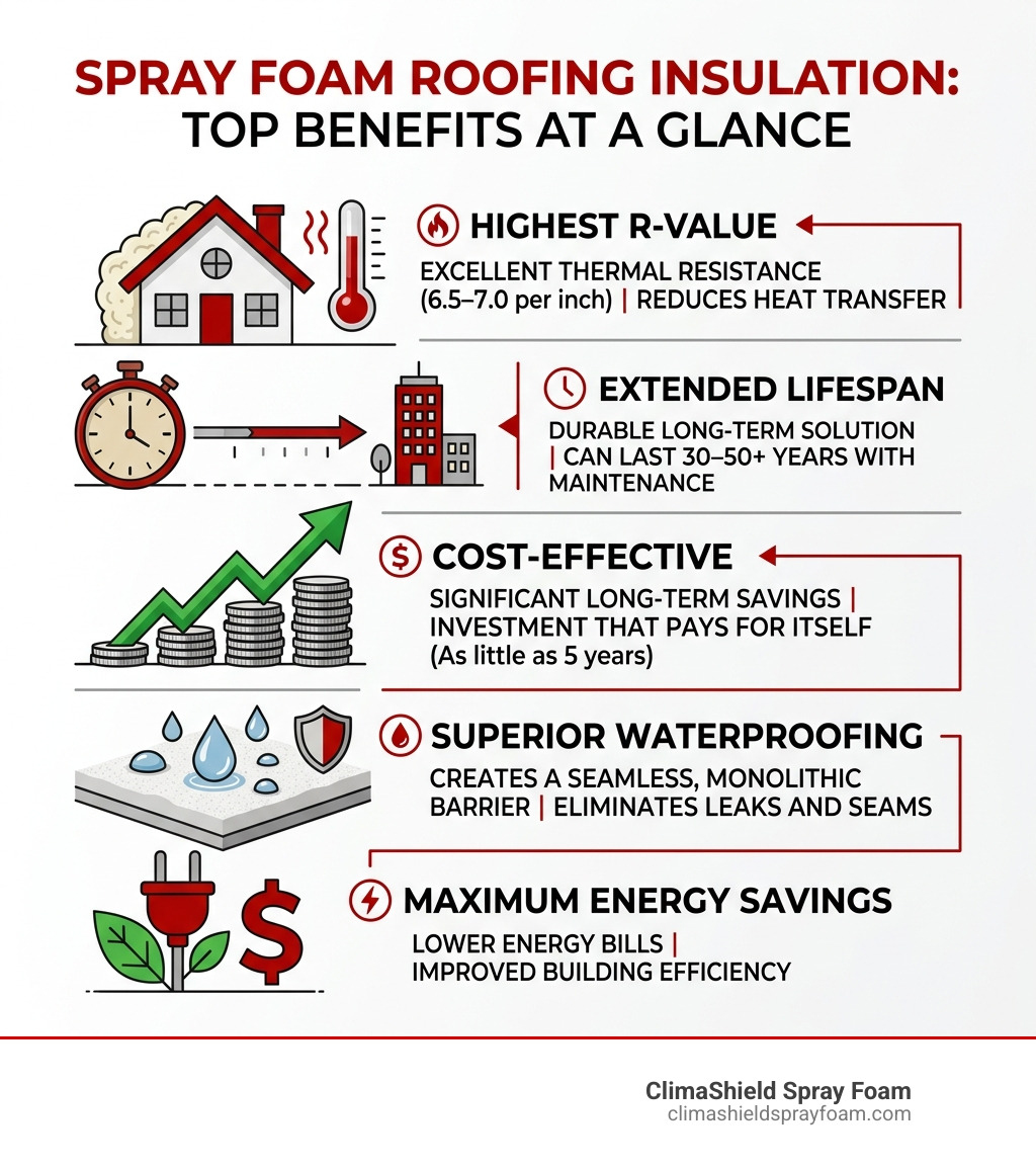 Spray foam roofing insulation system benefits infographic: R-value, lifespan, cost, waterproofing, and energy savings at a