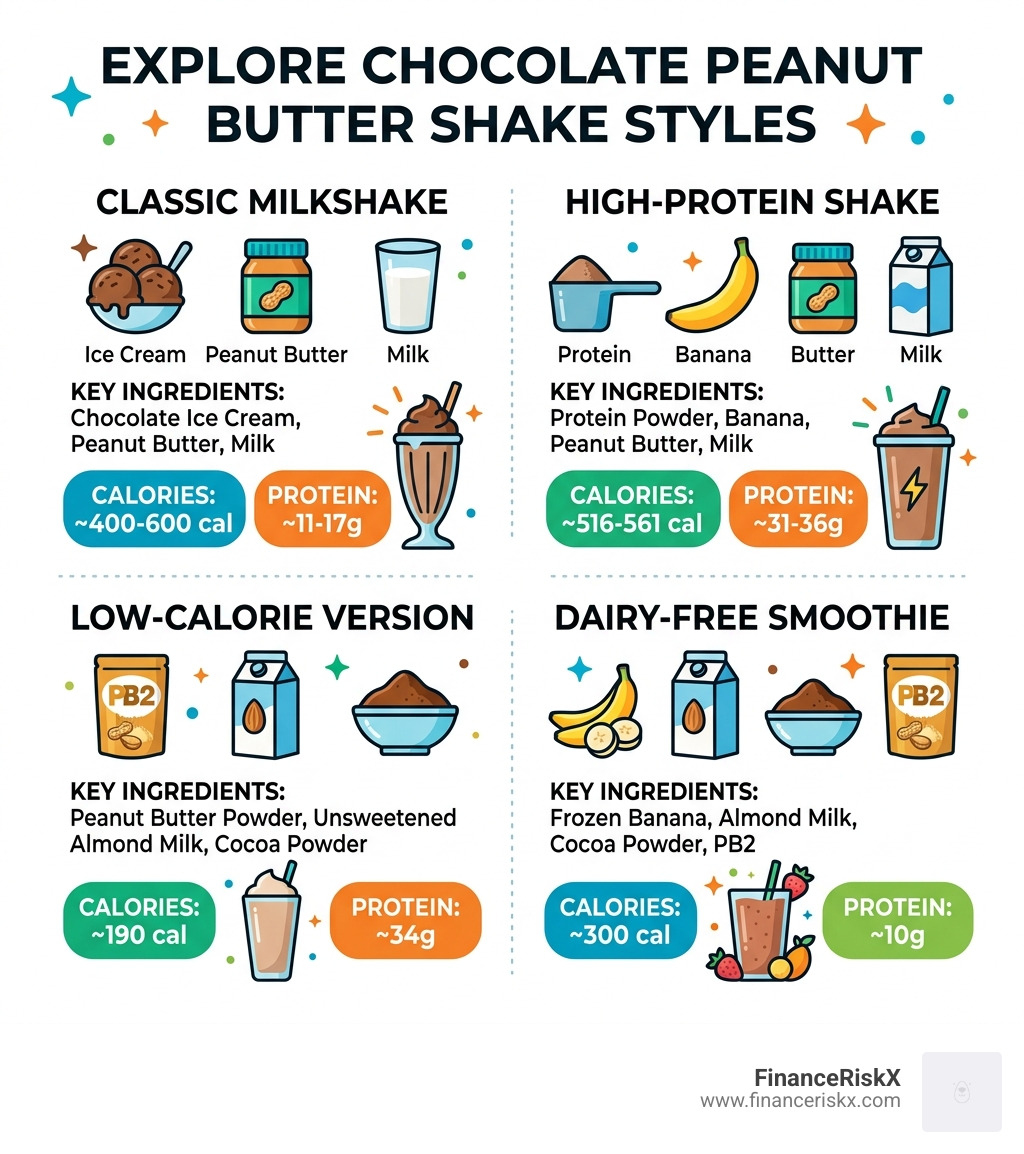 Infographic showing chocolate peanut butter shake styles, calorie ranges, protein content, and key ingredients - chocolate