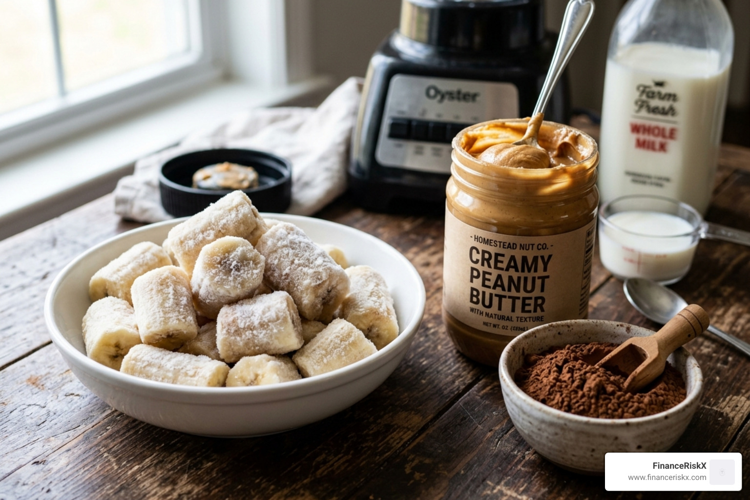 Fresh ingredients for a chocolate peanut butter shake including frozen bananas, peanut butter, and cocoa powder - chocolate