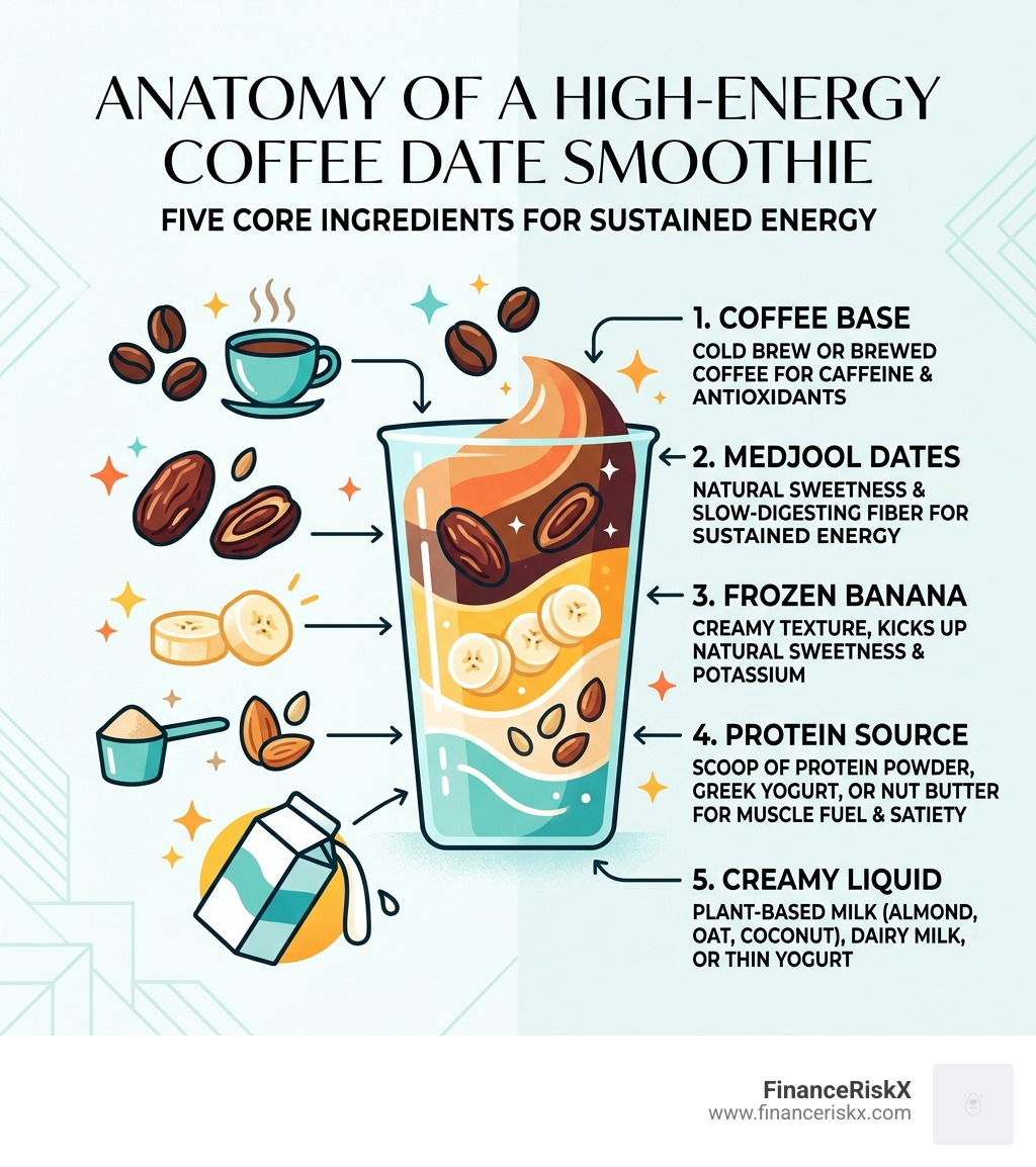 Anatomy of a high-energy coffee date smoothie: coffee base, Medjool dates, frozen banana, protein source, creamy liquid