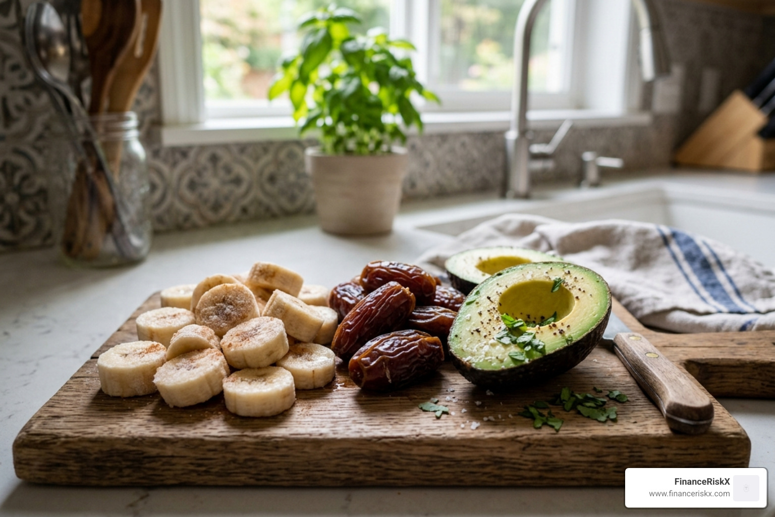 A beautiful arrangement of sliced frozen bananas, pitted Medjool dates, and a creamy avocado half on a wooden board A beautiful arrangement of sliced frozen bananas, pitted Medjool dates, and a creamy avocado half on a wooden board