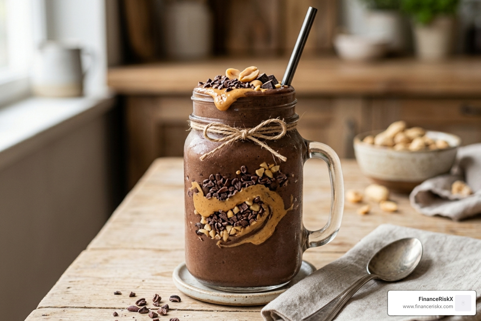 A decadent-looking chocolate peanut butter smoothie topped with a sprinkle of cacao nibs and a swirl of nut butter - healthy A decadent-looking chocolate peanut butter smoothie topped with a sprinkle of cacao nibs and a swirl of nut butter - healthy