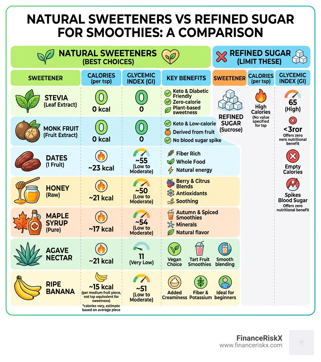 comparison infographic of natural sweeteners vs refined sugar: calories, GI, and key benefits - natural sweeteners for