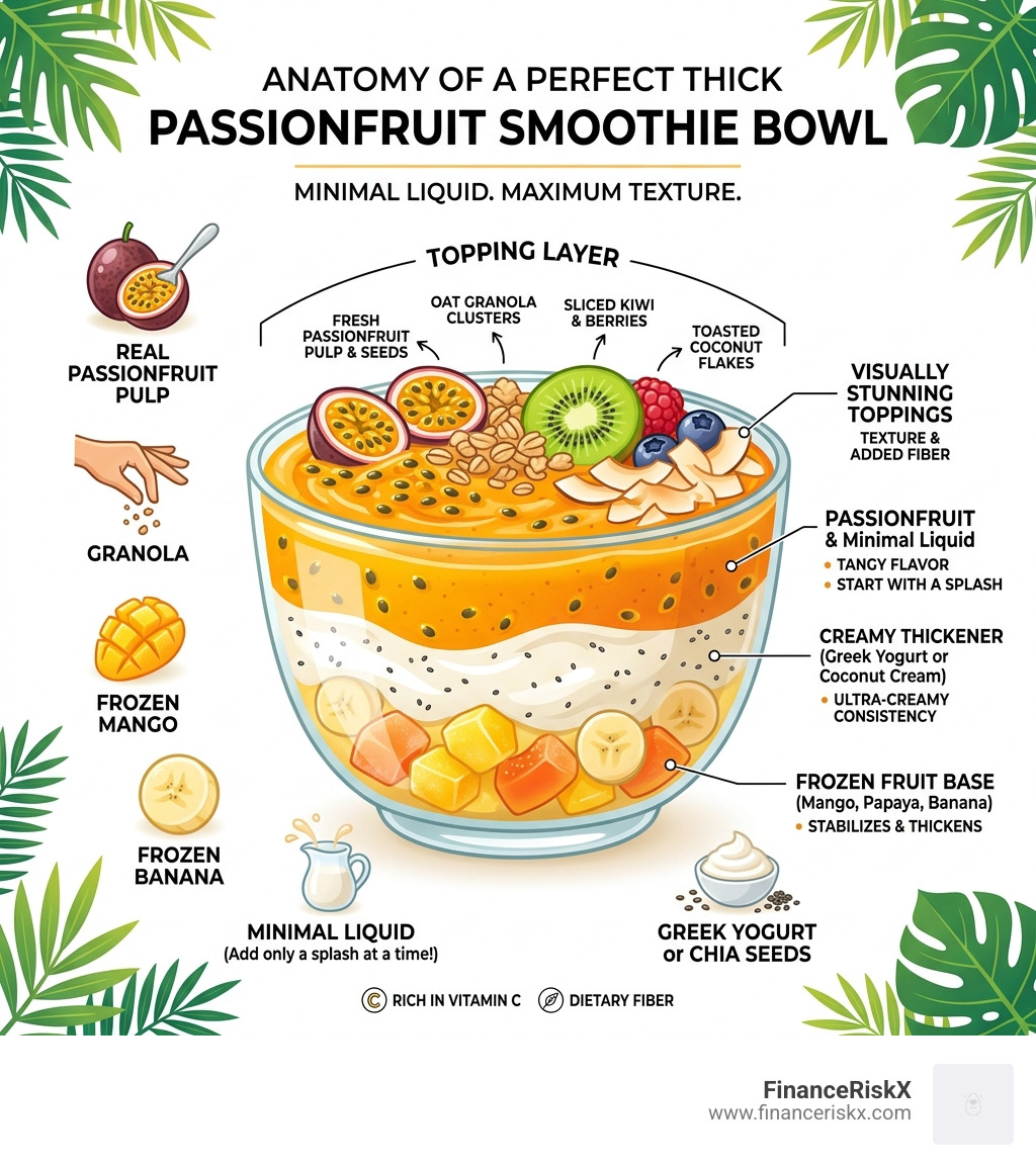 Anatomy of a perfect thick passionfruit smoothie bowl with layers and key ingredients - thick passionfruit smoothie bowl