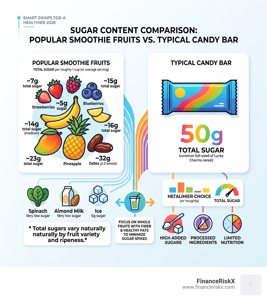 Sugar content of popular smoothie fruits vs. candy bar comparison infographic - sugar free smoothie recipes infographic 
