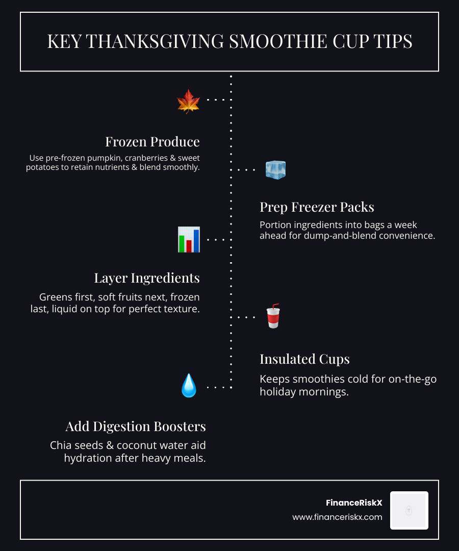 Infographic showing key Thanksgiving smoothie cup tips including prep, ingredients, and serving ideas - thanksgiving